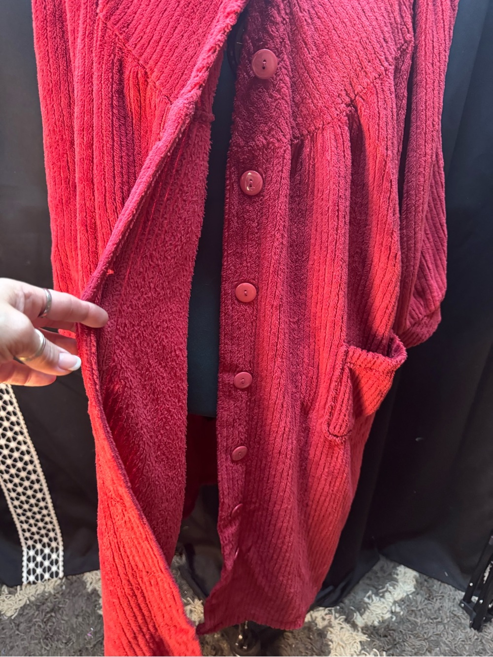 Plush Long Button-Front Robe in Maroon - Picture 2 of 4